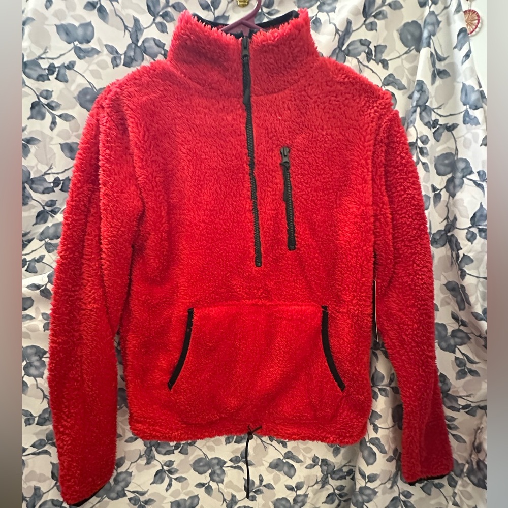 Red Fleece Pullover with Black Accents